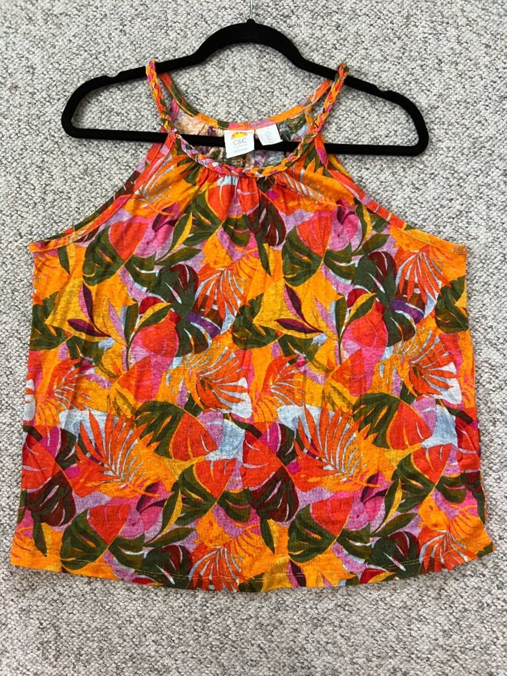 C&C California 100% Linen Tropical Print Halter Tank Top NWOT Size L